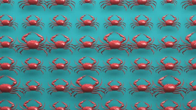 Ocean boiled delicious tasty steamed red crabs seamless looping animated background, luxury healthy seafood and marine cuisine 3d render endless pattern animation