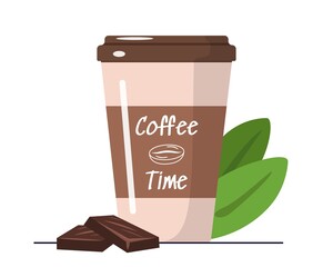 Coffee drink in a paper cup isolated and a piece of chocolate Vector illustration concept