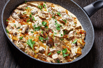 mushroom and calf liver stroganoff, top view