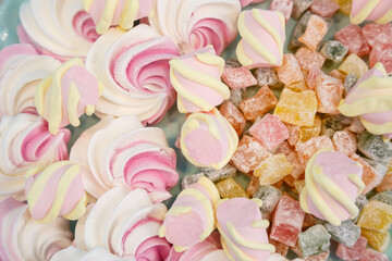 Plate with sweet fresh pink and tasty marshmallows