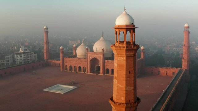 Aerial View Of Badshahi Mosque At Sunrise In Lahore, Punjab, Pakistan.