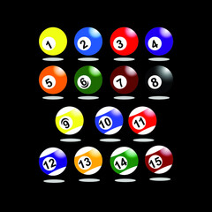billiard balls set on black background