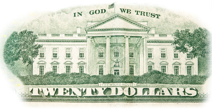Close-up 20 US dollar banknotes, reverse side twenty dollar banknote depicting white house. Cash exchange currency.