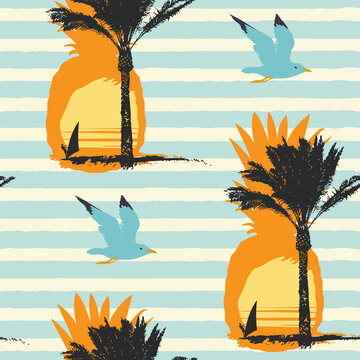 Vector Seamless pattern on the theme of sea summer holidays with silhouettes of pineapples, palm trees and surfers at sunset or sunrise on a striped backdrop. Repeatable travel background.
