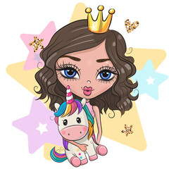Cartoon Girl Princess with Unicorn