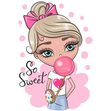 Cartoon Girl With A Pink Bubblegum