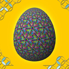 Happy Easter, Artfully designed and colorful 3D easter egg, 3D illustration on yellow background with frame