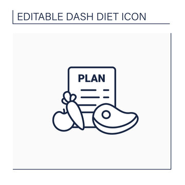 Eating Plan Line Icon.Healthy Diet Plan For Breakfast,dinner,lunch.Including Vegetables Like Carrot, Fruits,meat. Time Restricted Eating.Dash Diet Concept.Isolated Vector Illustration.Editable Stroke