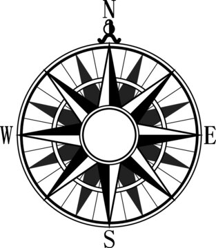 Wind rose and rhumb of North, East, South and West. Vintage nautical compass with cardinal directions vector sign of navigation antique cartography black on white background isolated