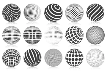 Fotobehang Dotted halftone 3d sphere. Striped, dotted and checkered 3d spheres, abstract sphere balls. Minimalistic halftone spherical isolated vector symbols set © WinWin
