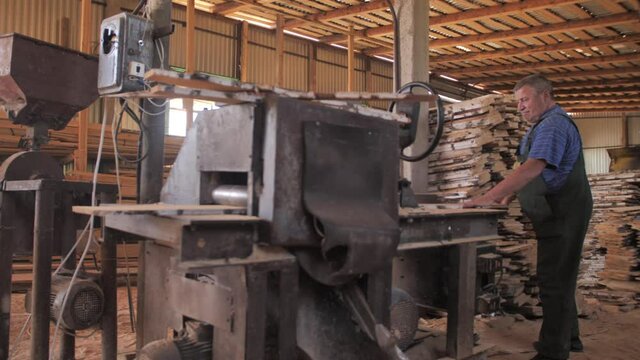Sawing a birch log with an automatic saw on a lathe. Lumber processing. The process of work at the Sawmill. Logging works. Wood processing on groans. Production of wooden building materials. 