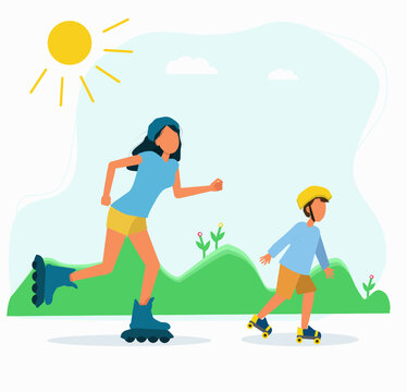 Mom and son are skating.Entertainment in free time, respecting the distance. Vector image in flat style.
