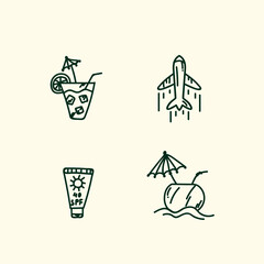 A set of summer Doodle icons. Collection of summer holiday symbols. Icons of summer Airplane, Sunscreen, Coconut cocktail, Cold drink in a glass. Vector illustration