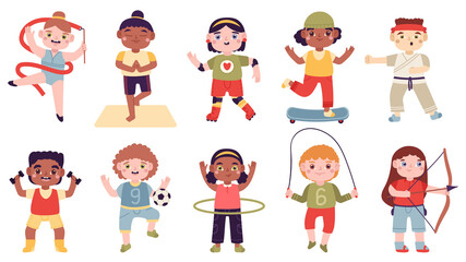 Kids sport activities. Children activities, gymnastics, football, martial arts and roller skating vector illustration set. Little children sports exercises