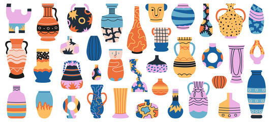 Ceramic vases. Porcelain ceramic vase, minimalist antique pottery isolated hand drawn vector illustration set. Decorative porcelain interior pottery - obrazy, fototapety, plakaty