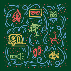 Vector camping background of summer. Children's pattern with a tent Camp and a beach holiday. A doodle-style texture in a vector. Vector illustration
