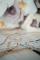 Wedding morning. Composition of the bride's accessories. View from above. Morning of the bride