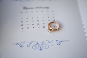 Wedding morning. Composition of the bride's accessories. View from above. Morning of the bride