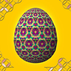 Happy Easter, Artfully designed and colorful 3D easter egg, 3D illustration on yellow background with frame