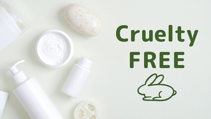 Cruelty free cosmetics set on green background. Beauty products branding