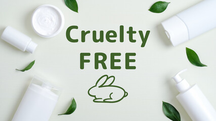 Frame of organic cosmetics containers and green leaves. Cruelty free beauty products. No animal testing. - obrazy, fototapety, plakaty