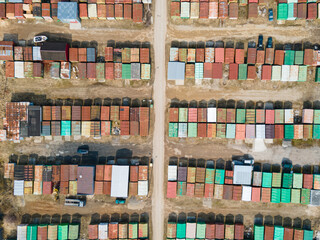 Old metal rusty soviet built garages from above in Vilnius. Abandoned places