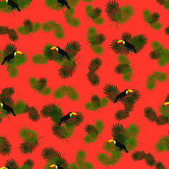 Tropical seamless pattern with parrots and palm leaves. Exotic background with birds.