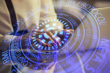 Multi exposure of woman hands working on computer and data theme hologram drawing. Tech concept.