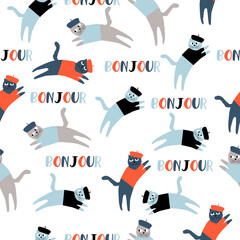 Seamless pattern of funny cats with hats and an inscription Bonjour. Vector illustration on white background. © Gulnaz