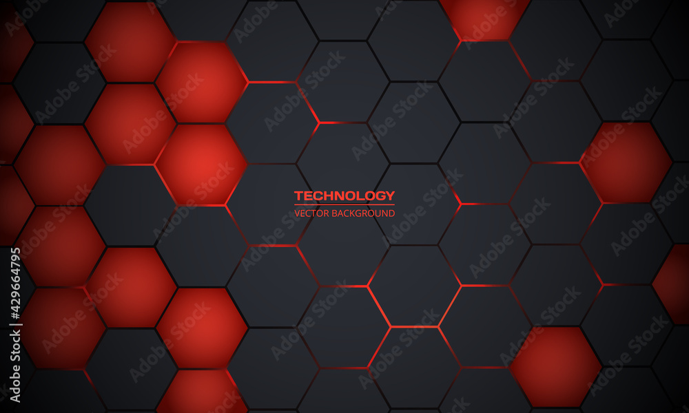 Poster Dark gray and red hexagonal technology abstract vector background. Red bright energy flashes under hexagon in futuristic modern technology background vector illustration. Black honeycomb texture grid.