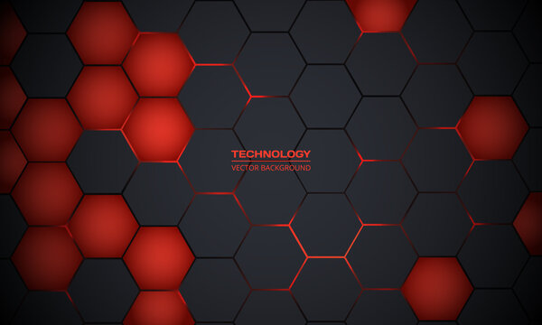 Dark gray and red hexagonal technology abstract vector background. Red bright energy flashes under hexagon in futuristic modern technology background vector illustration. Black honeycomb texture grid.