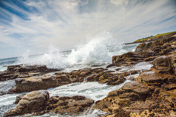 The Pacific Ocean coast in the city of Monterey in California. United States of America. Beautiful beach on a sunny day. Ocean landscape.