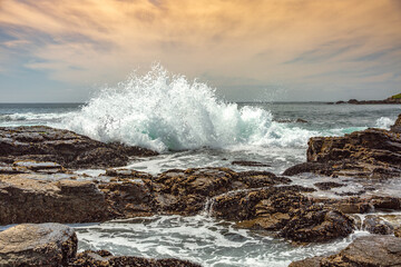 The Pacific Ocean coast in the city of Monterey in California. United States of America. Beautiful beach on a sunny day. Ocean landscape.