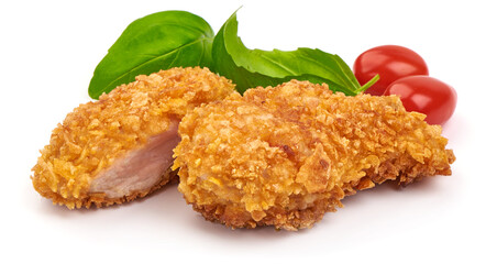 Fried Chicken strips in breadcrumbs, isolated on white background