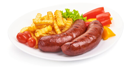 Grilled BBQ sausages with french fries, isolated on white background