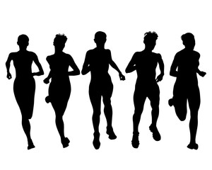 Young athletes run a marathon. Isolated silhouettes on white background