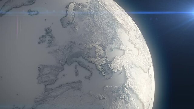 White frozen Earth globe concept, planet covered with snow, view from space
