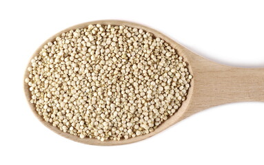 Organic quinoa seeds in wooden spoon isolated on white background, top view