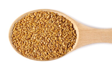 Golden linseed, linen seeds in wooden spoon isolated on white background, top view