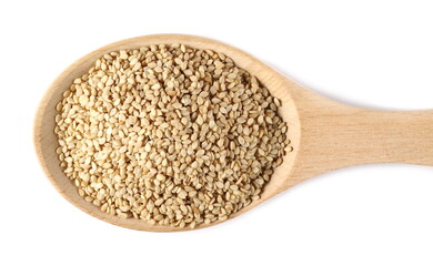 Organic integral sesame seeds in wooden spoon isolated on white background, top view