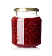 Glass jar with raspberry jam isolated on the white background