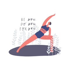 Woman doing yoga, freehand drawn lettering: be do for you. Stylized vector illustration
