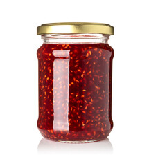 Glass jar with raspberry jam isolated on the white background