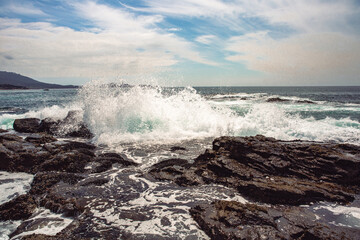 The Pacific Ocean coast in the city of Monterey in California. United States of America. Beautiful beach on a sunny day. Ocean landscape.