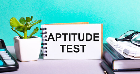 APTITUDE TEST is written on a white card next to a potted flower, diaries and calculator....