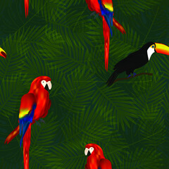 Exotic seamless pattern with tropical flowers, toucans and parrots on palm leaves background