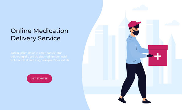 COVID-19. Quarantine. Coronavirus epidemic. Delivery man in a protective mask delivers medicine by foot. Free medicament shipping. Web page template