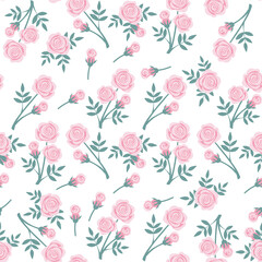 Seamless pattern of pink rose flower with leaves on a white background. Flat style.