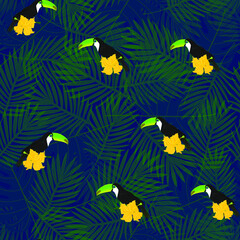 Fototapeta na wymiar Exotic composition of toucans and tropical flowers on the background of palm leaves. Seamless vector pattern