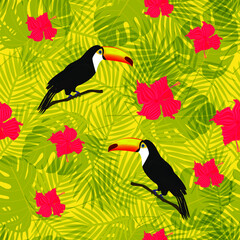 Exotic composition of toucans and tropical flowers on the background of palm leaves. Seamless vector pattern